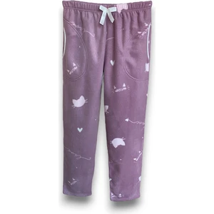 Kadın Mor Kedili Polar Cepli Kışlık Kalın Kaliteli Pijama Altı