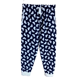 Kadın Lacivert Kalpli Polar Cepli Kışlık Pelüş Manşetli Kalın Kaliteli Pijama Altı