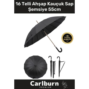 Premium Otomatik Mekanizma Baston Tip Rüzgar Korumalı Fiber 16 Telli Ahşap Kauçuk Sap Şemsiye 55CM