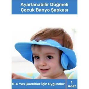 Bebek Banyo Şapkası Duş Başlığı Ayarlanabilir Düğmeli Çocuk Küvet Göze Su Kaçırmayan Mavi Şapka