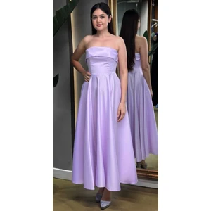 Lila Kloş Etekli Saten Midi Abiye Elbise 7647