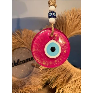 El Yapımı Hediyelik Dekoratif Nazar Boncuğu, Simli ve İpli, Pembe 11 cm Kapı ve Duvar Süsü, Cam Nazarlık