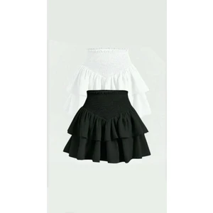 2'li Siyah ve Beyaz Iki Katlı Yüksek Bel Fırfırlı Etek