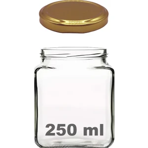 250 ml Metal Gold Kapaklı Kare Kavanoz 250 cc Şeffaf Köşeli Kavanoz 1 Adet