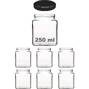 250 ml Metal Siyah Kapaklı Kare Kavanoz 250 cc Şeffaf Köşeli Kavanoz 6 Adet