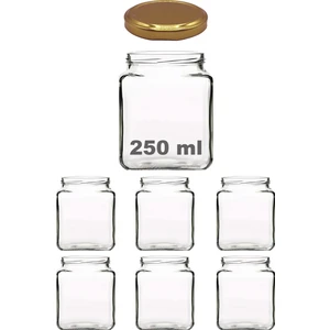 250 ml Metal Gold Kapaklı Kare Kavanoz 250 cc Şeffaf Köşeli Kavanoz 6 Adet