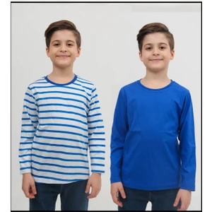 2'li Bisiklet Yaka Uzun Kollu Çizgili ve Düz Unisex Çocuk Sweatshirt Mavi Beyaz
