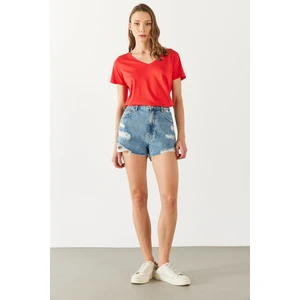 Boyfriend V Yaka Regular Fit Modal Tişört(Tencel)(Tm) - Mercan