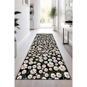 Viva Home Siyah Kaymaz Papatyalı Kesme Rulo Özel Ölçülü Yolluk VH099