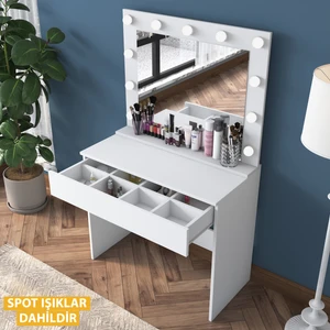 BJ120 Hollywood Işıklı Aynalı Kulis Makyaj Masası Takı Düzenleyici Beyaz