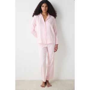 Pink Heart Saten Gömlek Pantolon Pijama Takımı - Loves Paris Koleksiyonu