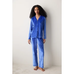 Blue Velvet Saks Mavisi Gömlek Pantolon Pijama Takımı