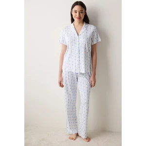 Roses Pointel Gömlek Pantolon Kırık Beyaz  Pamuklu Pijama Takımı
