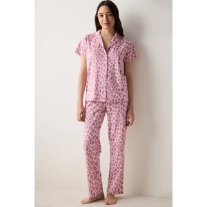 Leopard Gömlek Pantolon Pembe Pamuklu Pijama Takımı