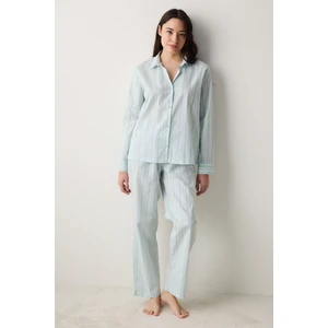 Pamuklu Perri Gömlek Pantolon Çizgili Açık Yeşil Pijama Takımı