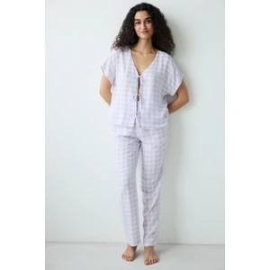 Purple Gingham Pantolon Pijama Takımı