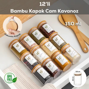 3179 Cam 12 li Vakumlu Bambu Kapaklı Baharatlık Takımı Saklama Kabı Seti Etiketli 150 ml