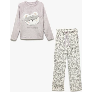 Ayıcık Aplike Detaylı Uzun Kollu Rahat Kalıp Peluş Polar Pijama Takımı