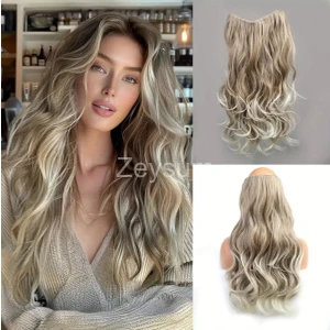 Kumral Açık Haki Dalgalı Çıtçıtlı Saç Postiş Takma Saç 60 cm 110GR Isıya Dayanıklı Yarımay
