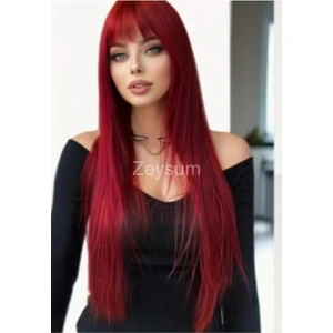 Şarap Kızılı Düz Saç Çıtçıtlı Postiş Takma Saç 60 cm 110GR Isıya Dayanıklı Yarımay