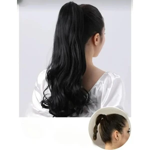 Siyah At Kuyruğu Saç Dalgalı Cıtçıtlı Takma Postiş Saç 60 cm Isıya Dayanıklı