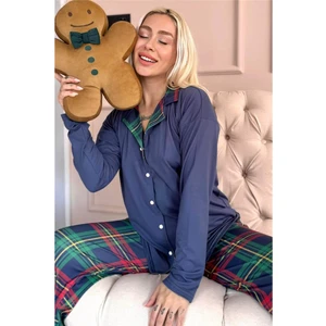 Pijama Evi Lacivert Ekose Desenli Bambu Önden Düğmeli Uzun Kol Kadın Pijama Takımı