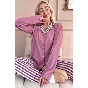 Pijama Evi Pudra Çizgi Desenli Bambu Önden Düğmeli Uzun Kol Kadın Pijama Takımı