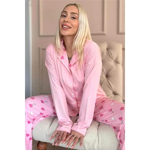 Pijama Evi Pembe Kalp Desenli Bambu Önden Düğmeli Uzun Kol Kadın Pijama Takımı