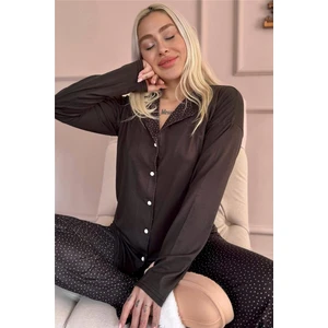 Pijama Evi Siyah Puan Desenli Bambu Önden Düğmeli Uzun Kol Kadın Pijama Takımı