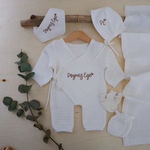 Momand Design 5 Li Set  Erkek  Bebek Müslin  Hastane Çıkışı  Isimli Tulum Seti
