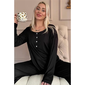 Pijama Evi Siyah Dublin Uzun Kollu Patlı Kadın Pijama Takımı