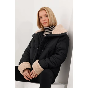 Blue Dress Kadın Siyah Oversize Şişme Mont – Kalın Dokuma Kumaşlı, Uzun Kollu, Günlük ve Kışlık Rahat Tasarım