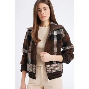 Regular Fit Kareli Fermuarlı Dik Yaka Triko Hırka E7733AX25SP