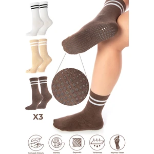 Bambu Kadın Kaydırmaz Taban Silikon Baskı Pilates Yoga Fitness Dans Aktivite Tenis Çorabı 3'lü Paket