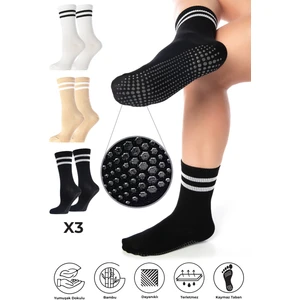 Bambu Kadın Kaydırmaz Taban Silikon Baskı Pilates Yoga Fitness Dans Aktivite Tenis Çorabı 3'lü Paket