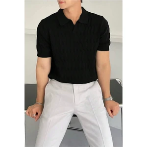 Tarz Cool Erkek Siyah Ince Saç Örgülü Slim Fit Polo Yaka Triko T-Shirt