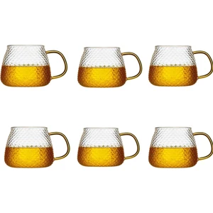 Qer Home Borosilikat Cam Lüks Buzlu Cam Kupa Gold Sap Detaylı 350 ml 6 Adet