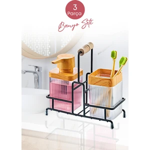 Grimor Life Metal Standlı Ahşap Detaylı Sıvı Sabunluk Diş Fırçalık Mutfak Banyo Seti- Şeffaf