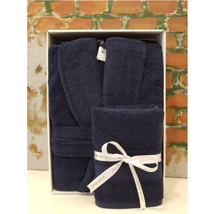 Trendy Şalyaka Bornoz + Baş Havlusu- Lacivert