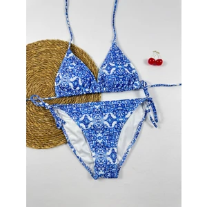 Mavi Desenli Üçgen Ipli Kadın Bikini Takımı