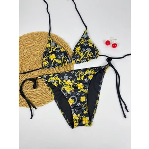 Siyah Sarı Desenli Üçgen Ipli Kadın Bikini Takımı