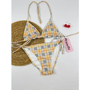 Ekose Çizgili Desenli Üçgen Ip Bağlamalı Kadın Bikini Takımı