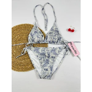 Leopar Desenli Mavi Renkli Üçgen Ipli Kadın Bikini Takımı
