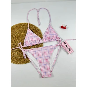Pembe Ekose Çizgili Üçgen Ipli Kadın Bikini Takımı