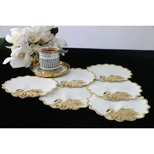 6'lı Gold Kuğu Desenli Linen Keten Kahve Yanı Kokteyl Sunum Peçetesi