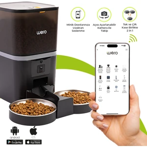 1080P Çift/Tek Kaseli Mama Kabı, Ayarlanabilir Kamera, 6 Lt, WiFi Kontrol Kedi / Köpek Besleyici, Çift/Tek 2'si 1 Arada Paslanmaz Çelik Kaseli – Siyah
