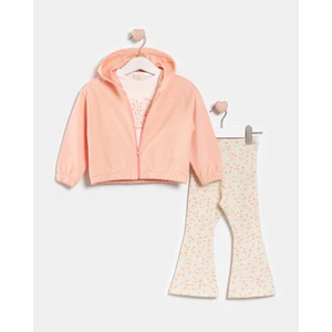 Kız Çocuk Hırkalı Baskılı Tişörtlü ve Taytlı Üçlü Takım