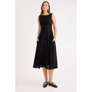 Sıfır Kol Viskon Keten Midi Elbise