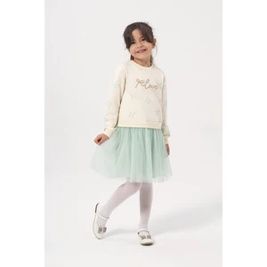 Kız Çocuk Pul Nakışlı Mevsimlik Uzun Kollu Tüllü Elbise