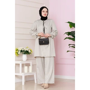 Önü Bağlamalı Pantolonlu Takım-Bej